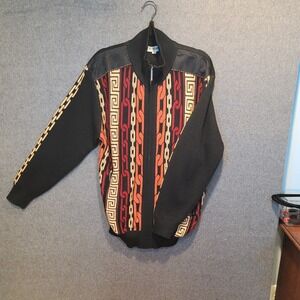 Stacy Adams Grandpa Black Zip Up Sweater Jacket Geometric Chain Print‎ Size L
